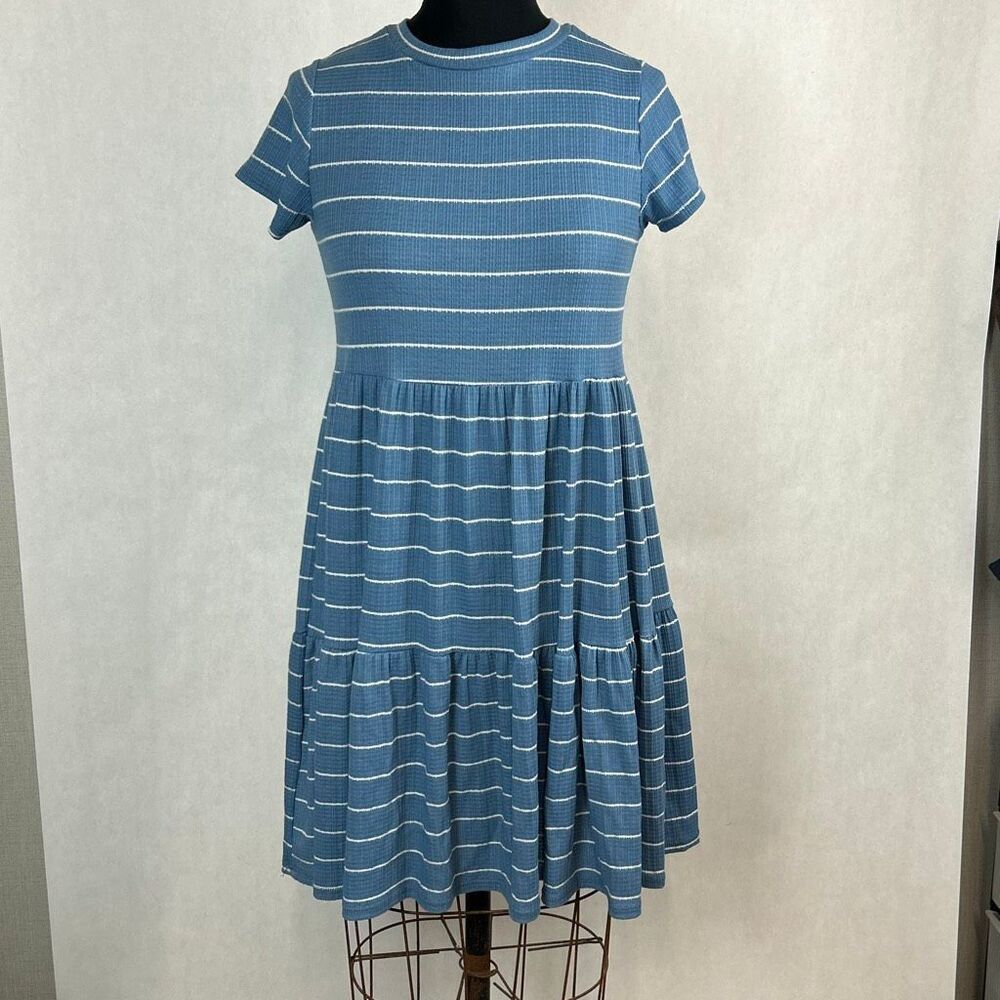 See You Monday x Anthropologie Tiered Dress Sz Large Blue Stripe Short Sleeve Bo